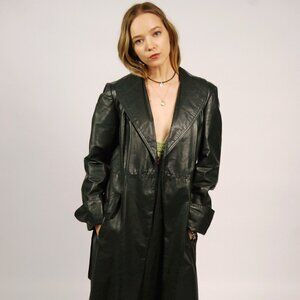 60s Forest Green Leather Trench Coat (S) small vintage long jacket open mod cool